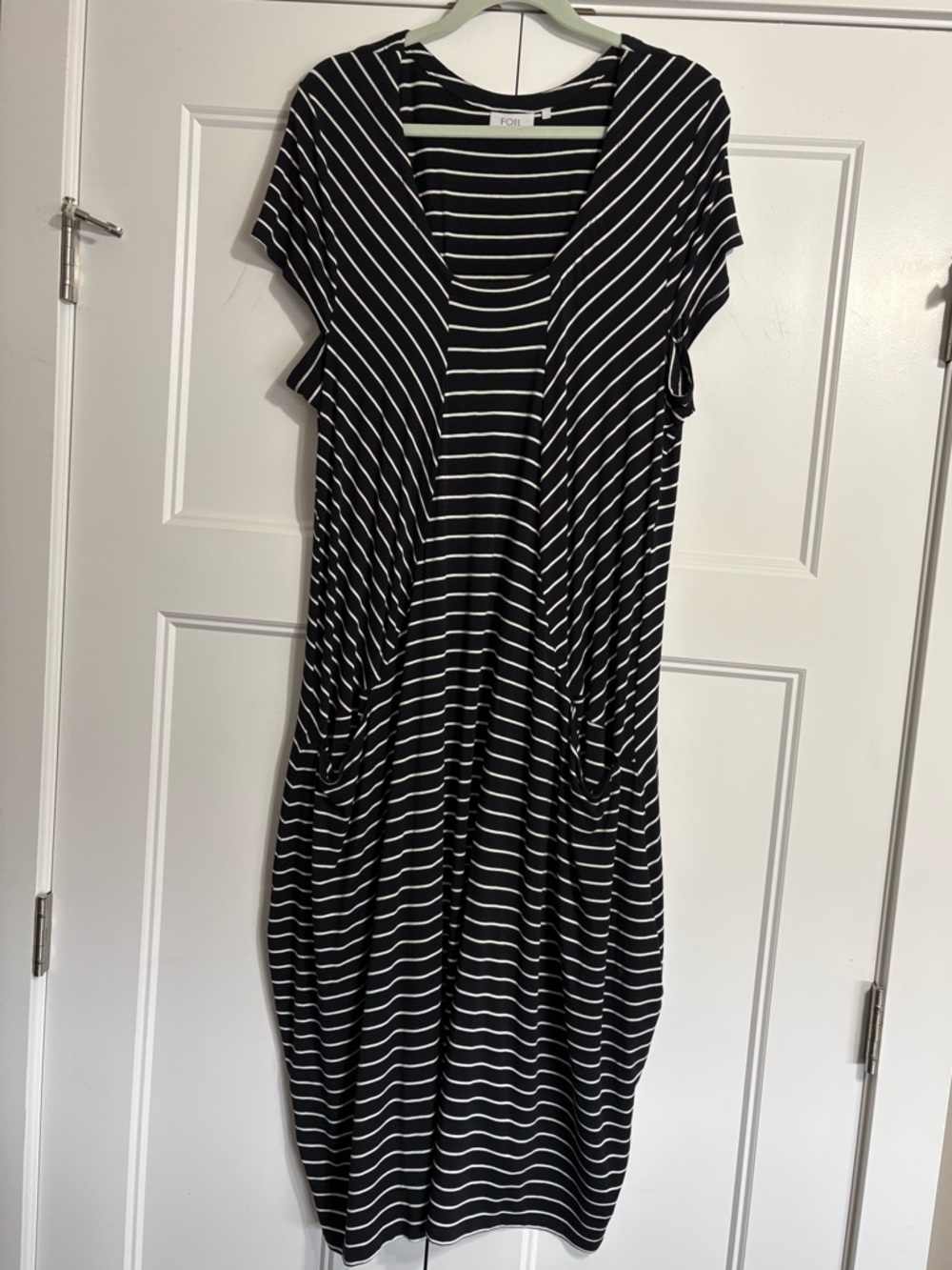 FOIL brand black & white Striped V-Neck Midi Dress with pockets